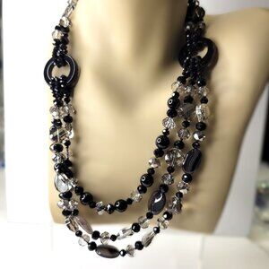 Multistrand Black Beaded Necklace Shiny Grey and Black Beaded Necklace